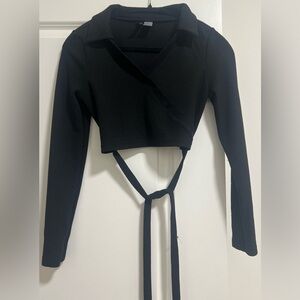Long sleeve wrap tie waist crop with collar